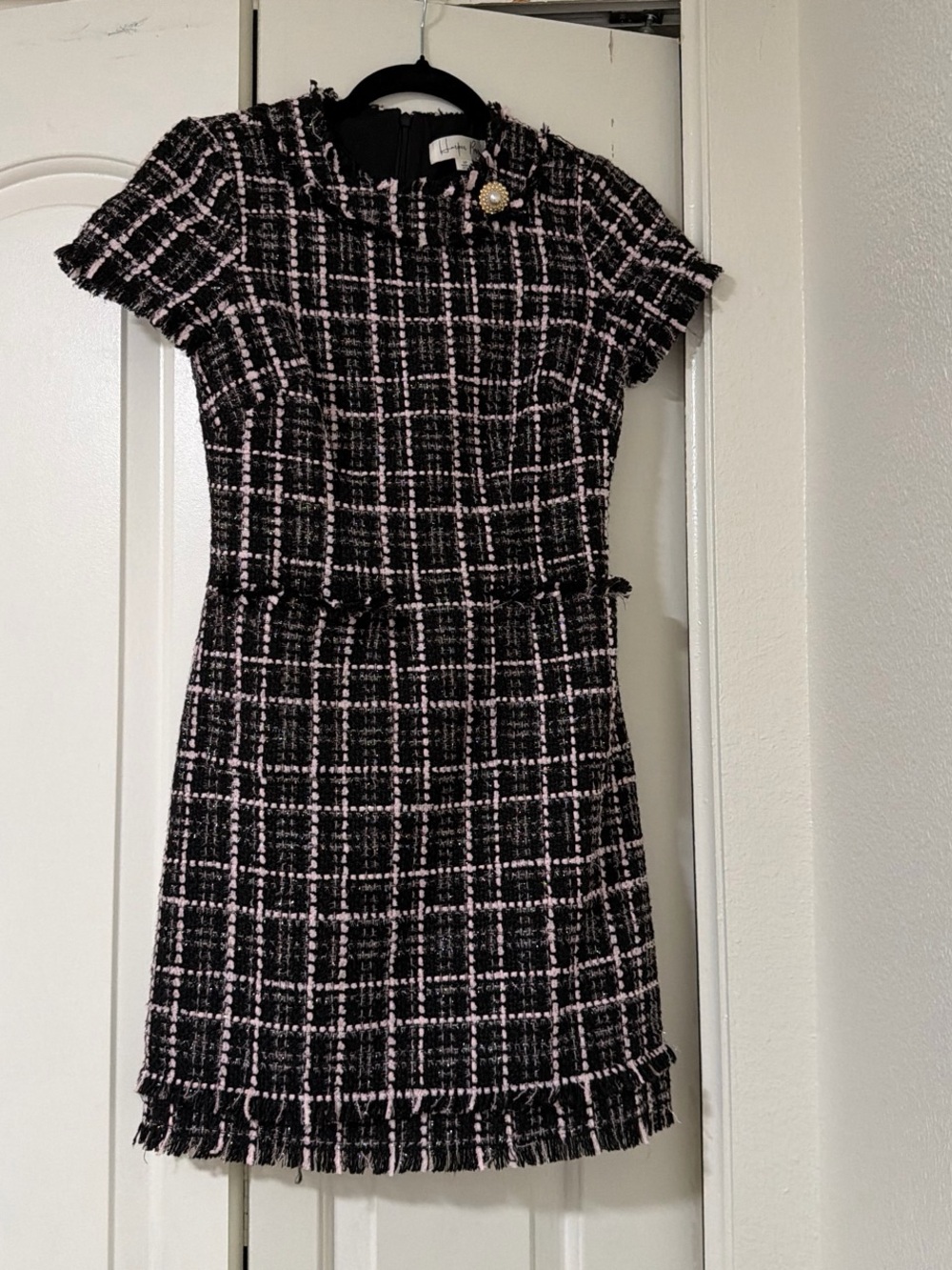Mini Tweed Short-Sleeve Dress in Black and Pink with Pearl Accent